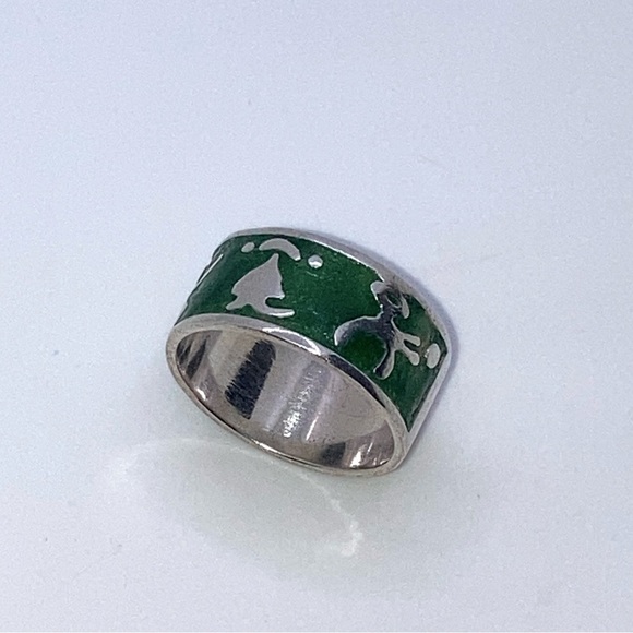 Vtg Southwestern Sterling Silver Symbols & Green Enamel Wide Band Ring Sz 8.5 - Picture 1 of 7